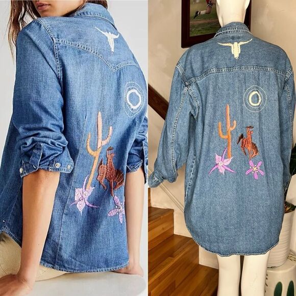 Free People x Levi’s The Wolves Blue Denim Embroidered Cowboy Shirt - Picture 1 of 7